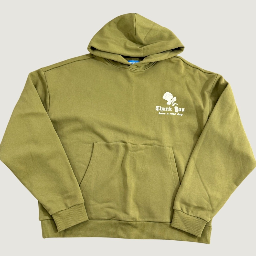 Market Hoodie XL Khaki Green Thank You Rose Pixel Graphic Streetwear NWT